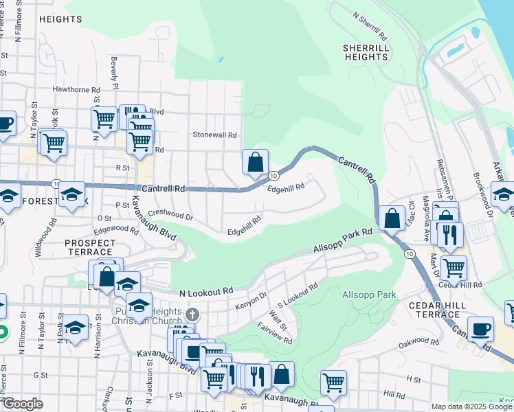 map of restaurants, bars, coffee shops, grocery stores, and more near 22 Armistead Road in Little Rock