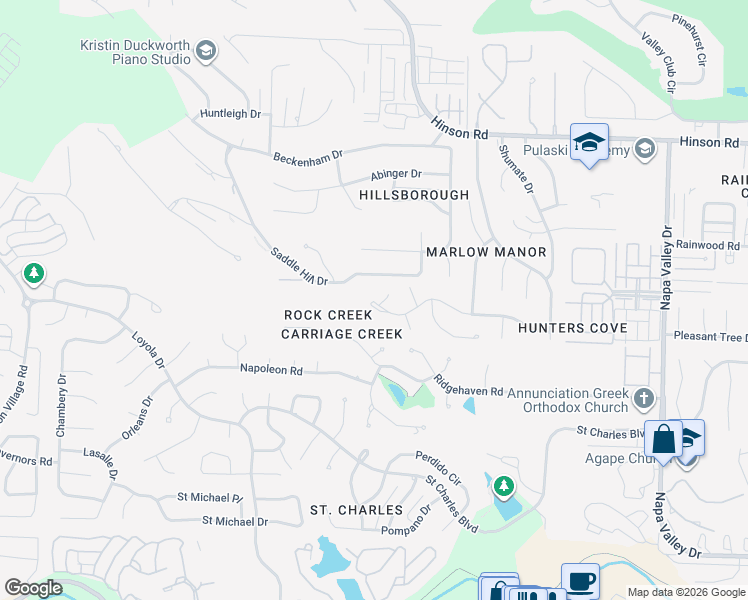 map of restaurants, bars, coffee shops, grocery stores, and more near 13215 Hillsborough Lane in Little Rock