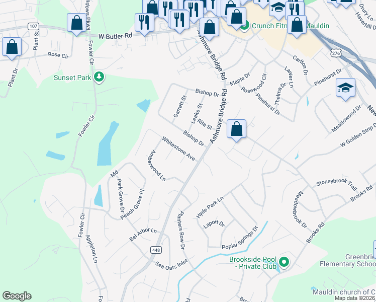 map of restaurants, bars, coffee shops, grocery stores, and more near 104 Whitestone Avenue in Mauldin