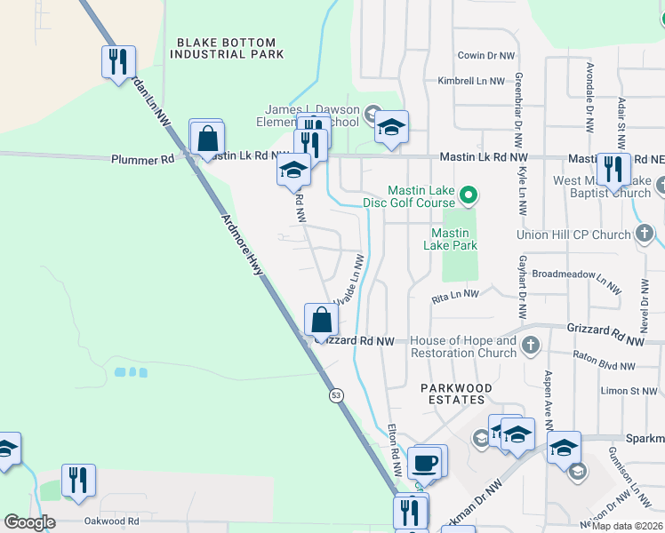 map of restaurants, bars, coffee shops, grocery stores, and more near 3116 Lodge Road Northwest in Huntsville