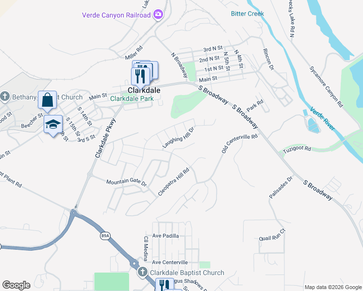 map of restaurants, bars, coffee shops, grocery stores, and more near 424 McKinnon Road in Clarkdale
