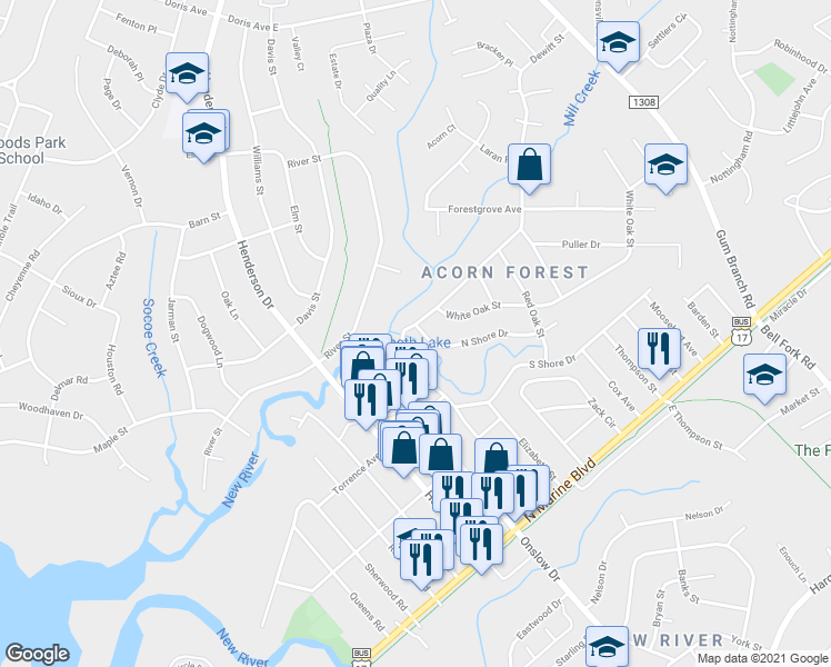 map of restaurants, bars, coffee shops, grocery stores, and more near 12 North Shore Drive in Jacksonville