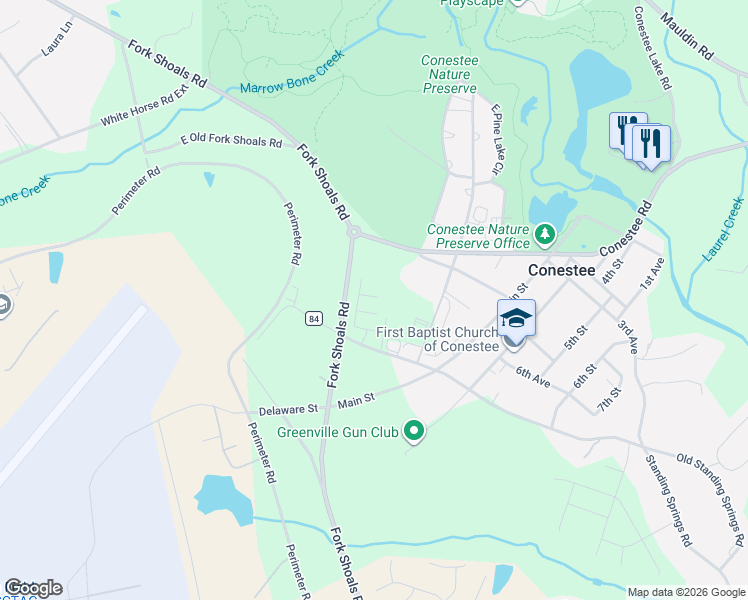 map of restaurants, bars, coffee shops, grocery stores, and more near 20 Business Park Court in Greenville