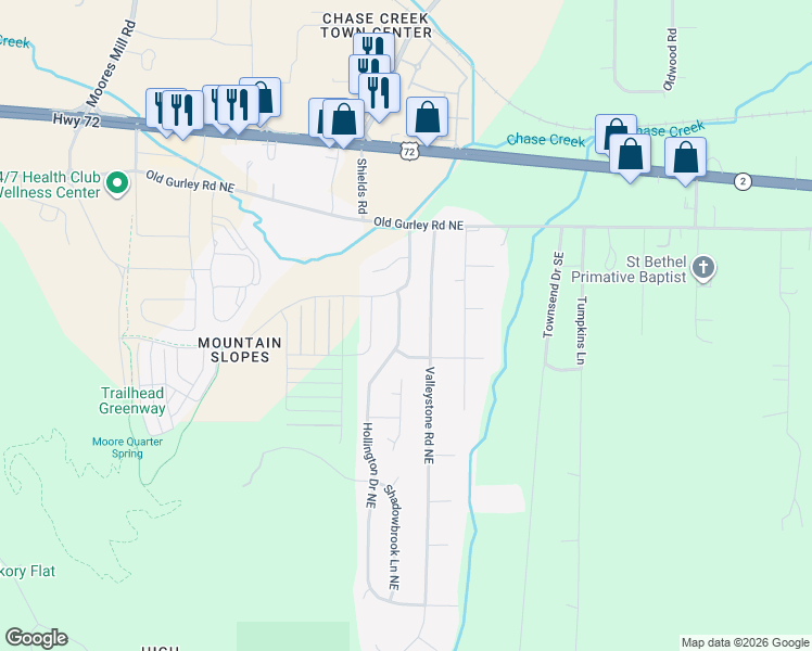 map of restaurants, bars, coffee shops, grocery stores, and more near 113 Hollington Drive Northeast in Huntsville