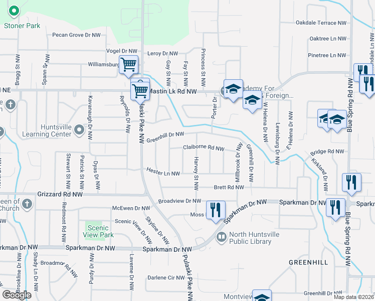 map of restaurants, bars, coffee shops, grocery stores, and more near 3208 Sweetbriar Road Northwest in Huntsville