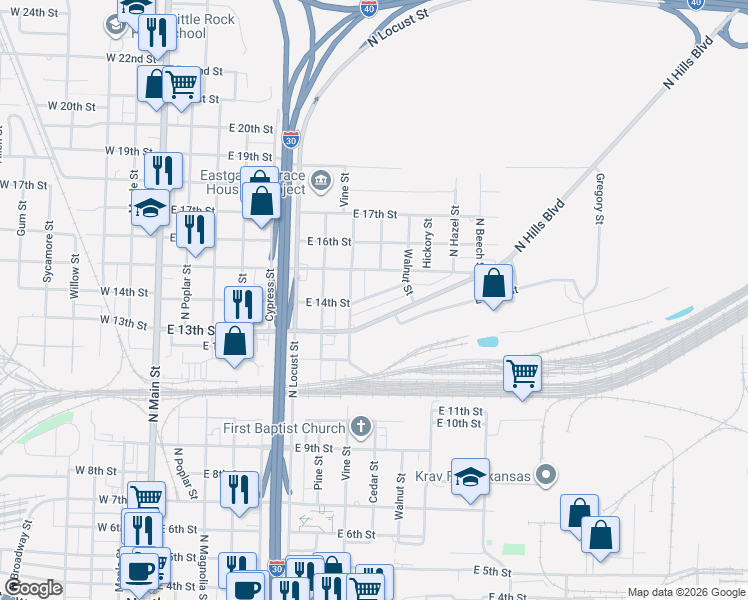map of restaurants, bars, coffee shops, grocery stores, and more near 824 East 14th Street in North Little Rock