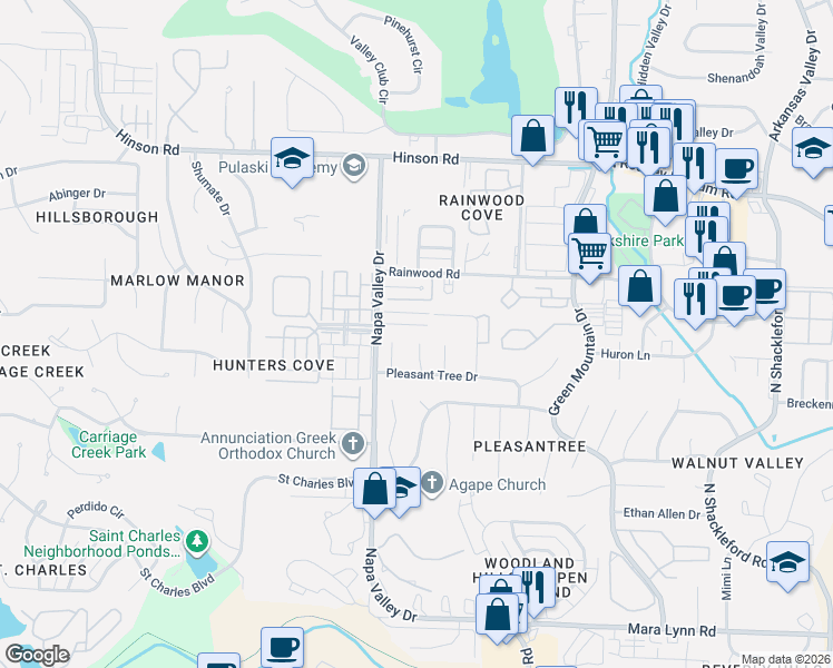 map of restaurants, bars, coffee shops, grocery stores, and more near 9 Russwood Cove in Little Rock