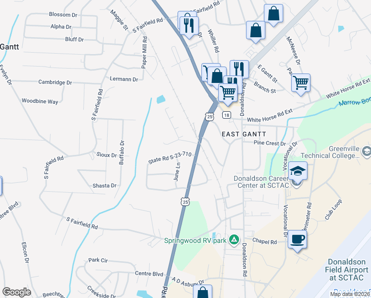 map of restaurants, bars, coffee shops, grocery stores, and more near 6416 Augusta Road in Greenville