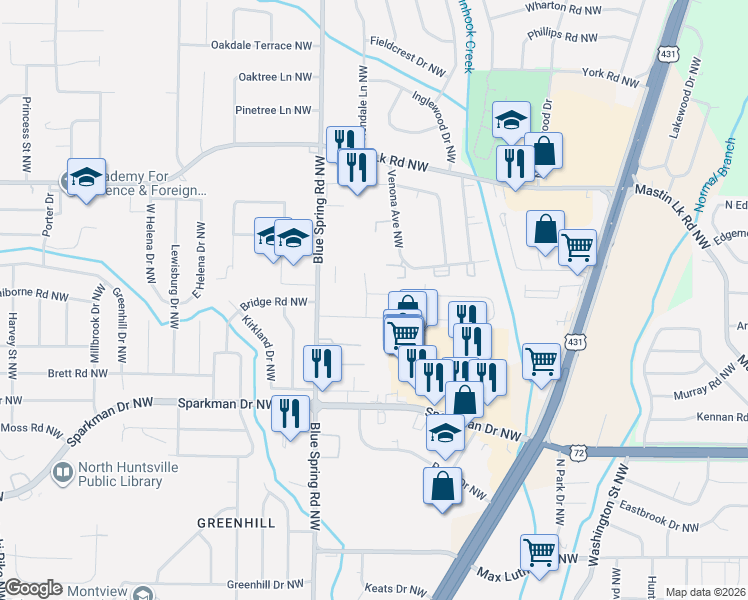 map of restaurants, bars, coffee shops, grocery stores, and more near 3204 Yale Circle Northwest in Huntsville