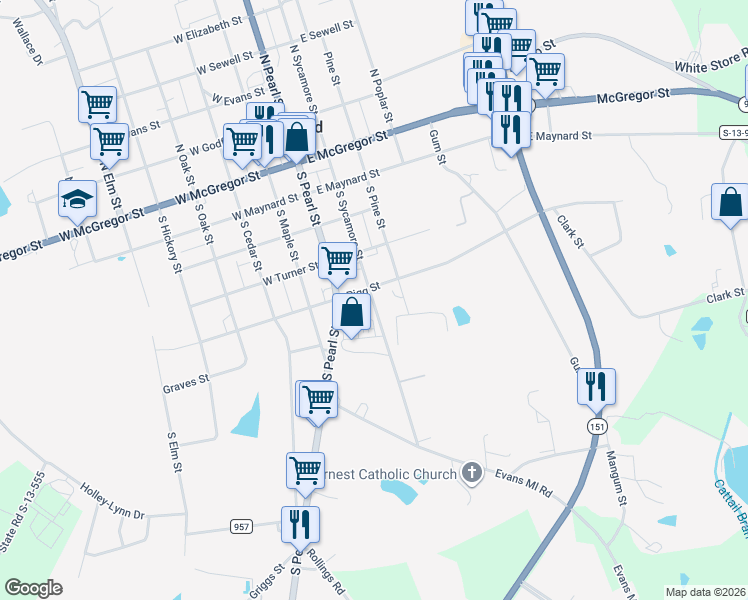 map of restaurants, bars, coffee shops, grocery stores, and more near 507 South Sycamore Street in Pageland