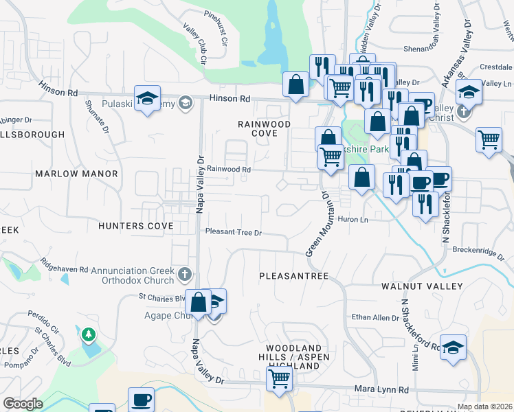 map of restaurants, bars, coffee shops, grocery stores, and more near 1406 Pickering Drive in Little Rock