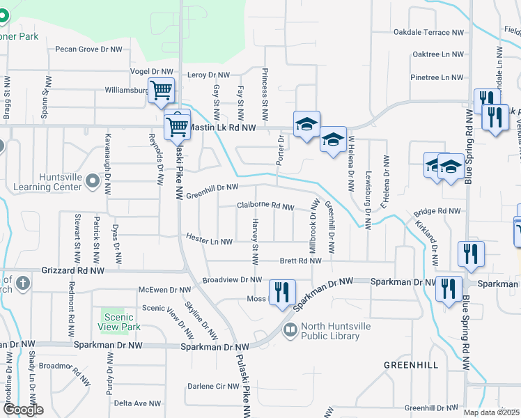 map of restaurants, bars, coffee shops, grocery stores, and more near 3212 Harvey Street Northwest in Huntsville