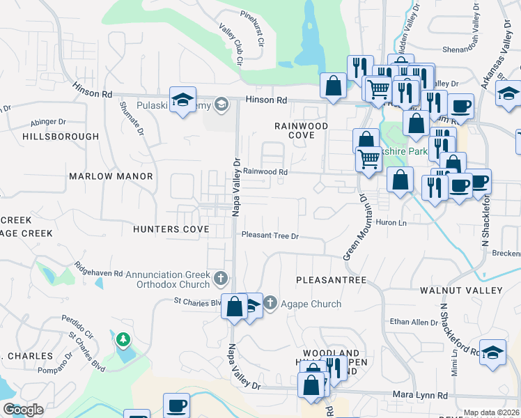 map of restaurants, bars, coffee shops, grocery stores, and more near 9 Russwood Cove in Little Rock