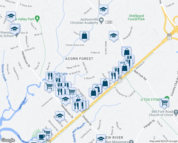 map of restaurants, bars, coffee shops, grocery stores, and more near 209 Red Oak Street in Jacksonville
