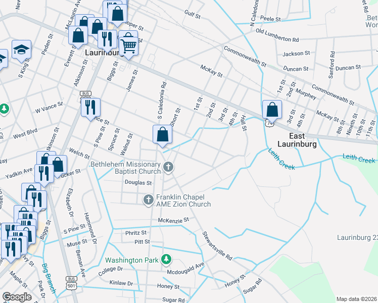 map of restaurants, bars, coffee shops, grocery stores, and more near 600-698 2nd Street in Laurinburg