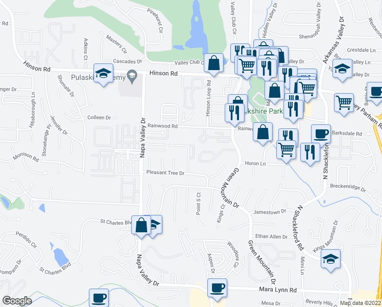 map of restaurants, bars, coffee shops, grocery stores, and more near 5 Pickering Drive in Little Rock