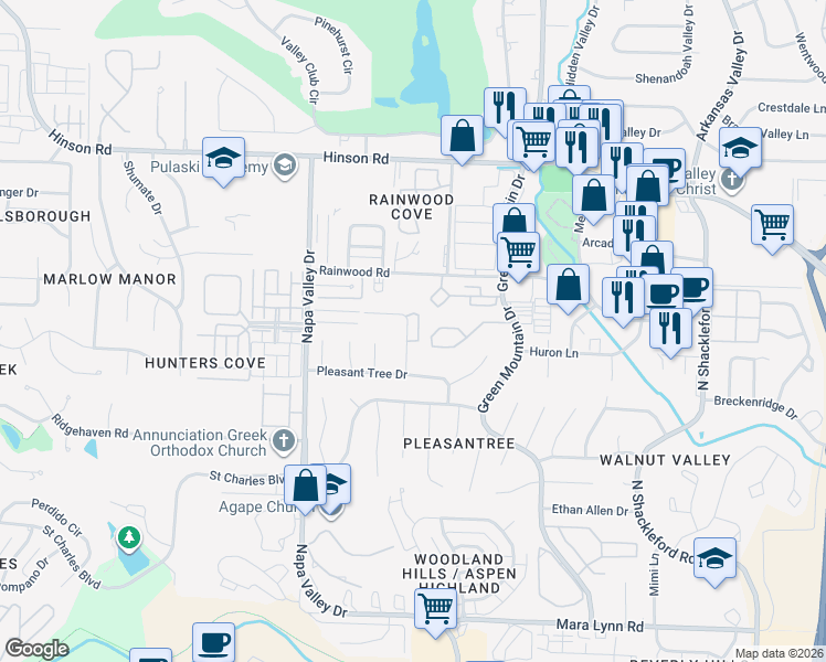 map of restaurants, bars, coffee shops, grocery stores, and more near 5 Pickering Drive in Little Rock