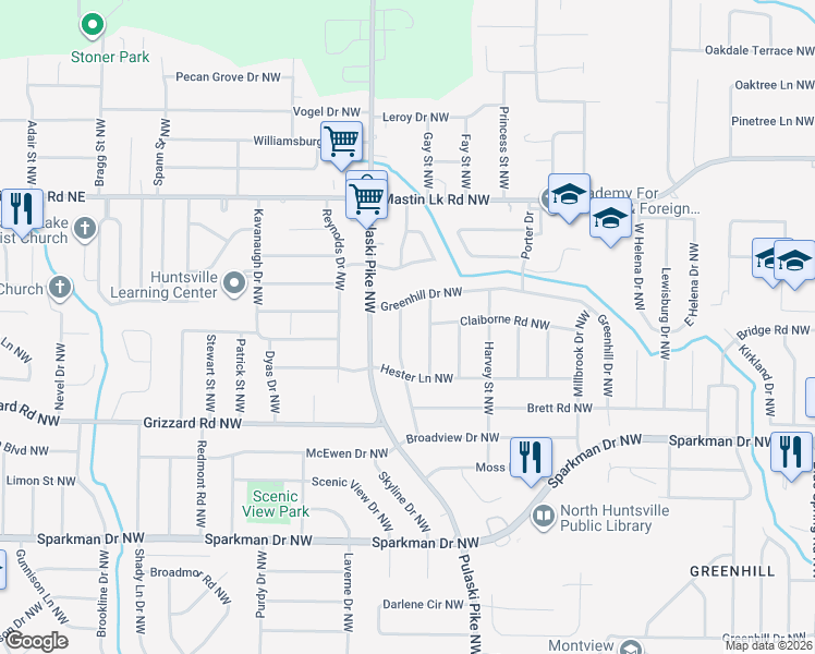 map of restaurants, bars, coffee shops, grocery stores, and more near 3210 Searcy Drive Northwest in Huntsville