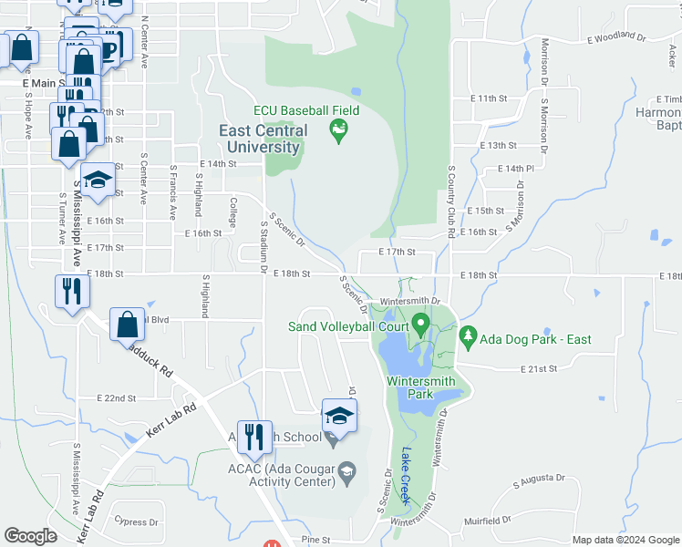 map of restaurants, bars, coffee shops, grocery stores, and more near East 18th Street & South Scenic Drive in Ada
