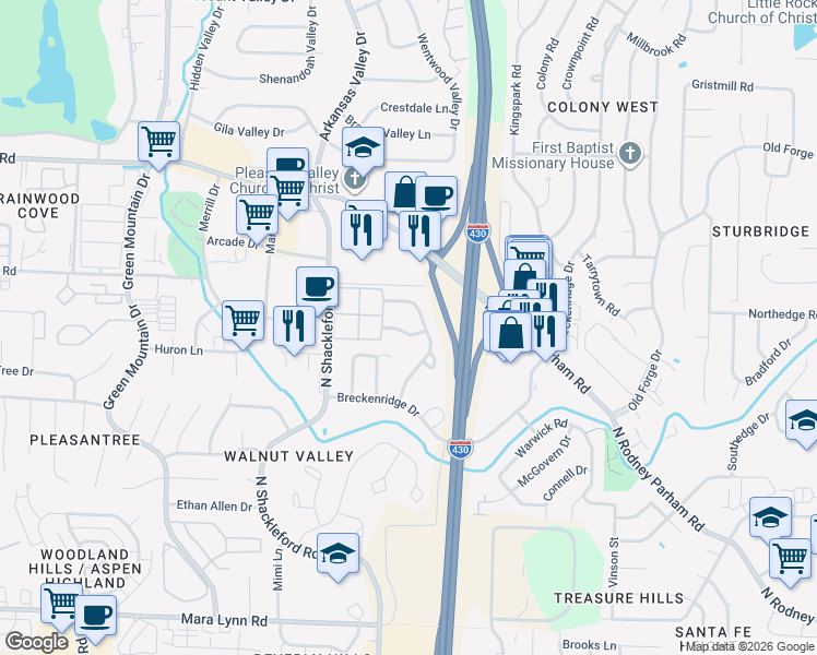 map of restaurants, bars, coffee shops, grocery stores, and more near 4 Cherry Valley Drive in Little Rock