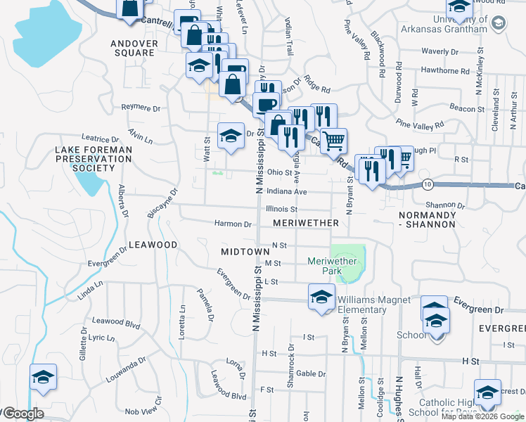 map of restaurants, bars, coffee shops, grocery stores, and more near 1619 North Mississippi Street in Little Rock