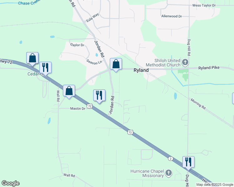 map of restaurants, bars, coffee shops, grocery stores, and more near 115 Ryland Ridge Circle in Huntsville