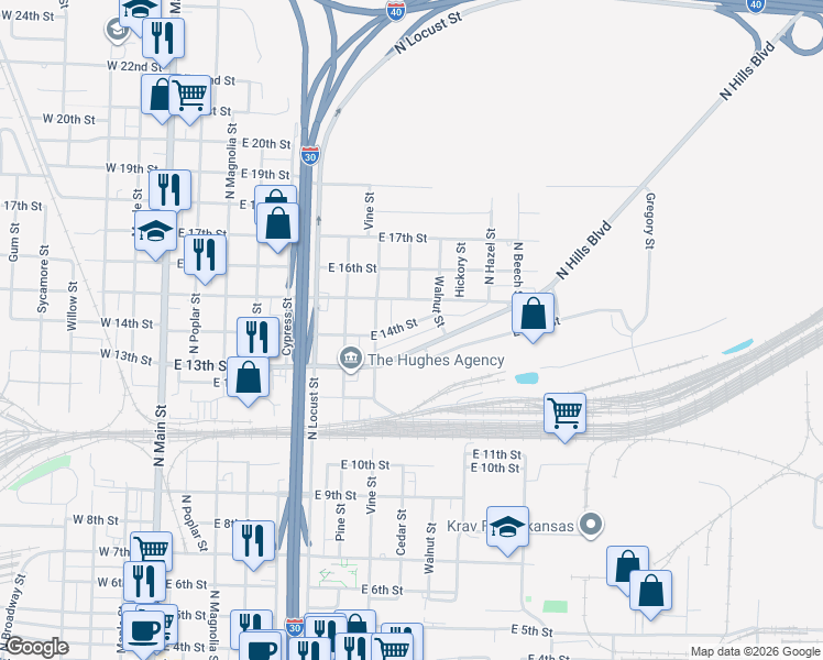 map of restaurants, bars, coffee shops, grocery stores, and more near 824 East 14th Street in North Little Rock