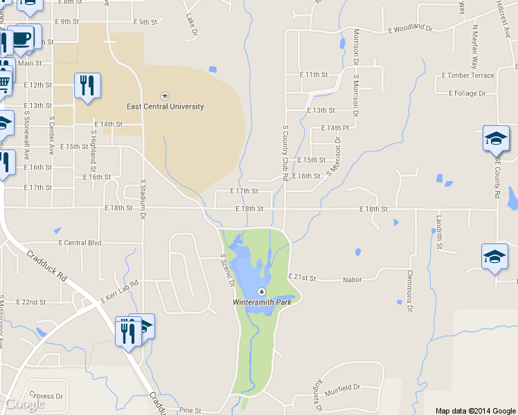 map of restaurants, bars, coffee shops, grocery stores, and more near 1708 East 18th Street in Ada