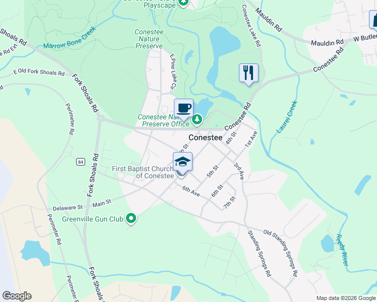map of restaurants, bars, coffee shops, grocery stores, and more near 74 Main Street in Greenville