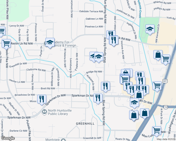 map of restaurants, bars, coffee shops, grocery stores, and more near 2622 Bridge Road Northwest in Huntsville