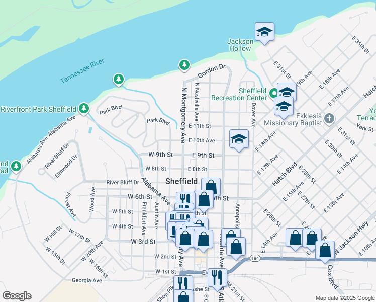 map of restaurants, bars, coffee shops, grocery stores, and more near 105 East 9th Street in Sheffield