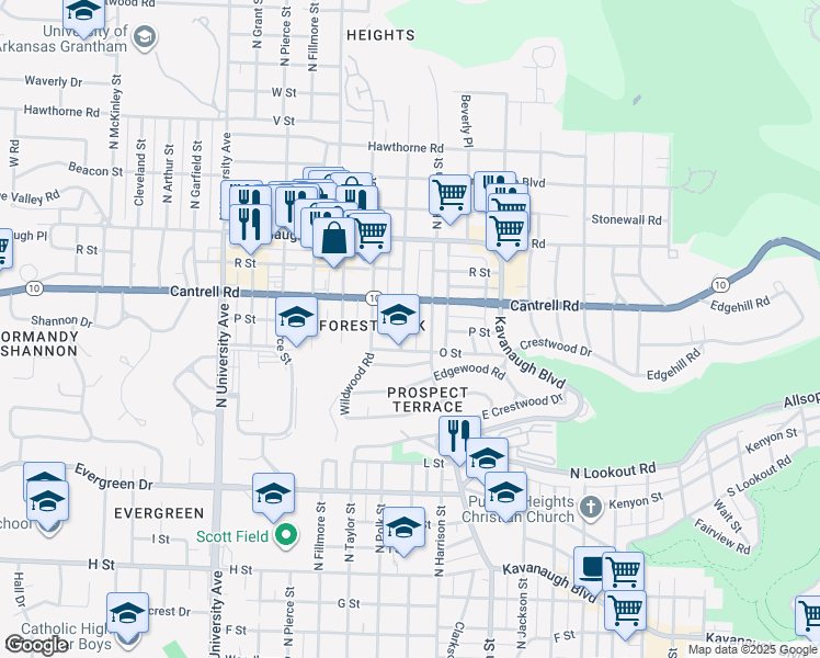 map of restaurants, bars, coffee shops, grocery stores, and more near 1600 North Tyler Street in Little Rock