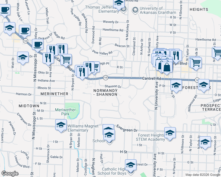 map of restaurants, bars, coffee shops, grocery stores, and more near 1 Broadview Drive in Little Rock