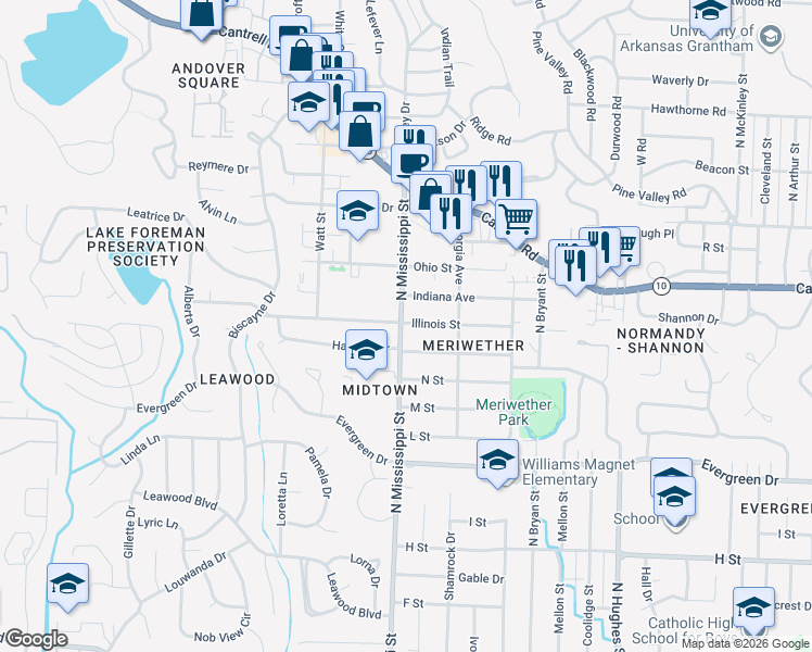 map of restaurants, bars, coffee shops, grocery stores, and more near 1619 North Mississippi Street in Little Rock