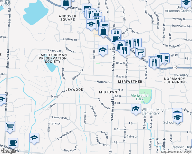 map of restaurants, bars, coffee shops, grocery stores, and more near 7813 Illinois Street in Little Rock