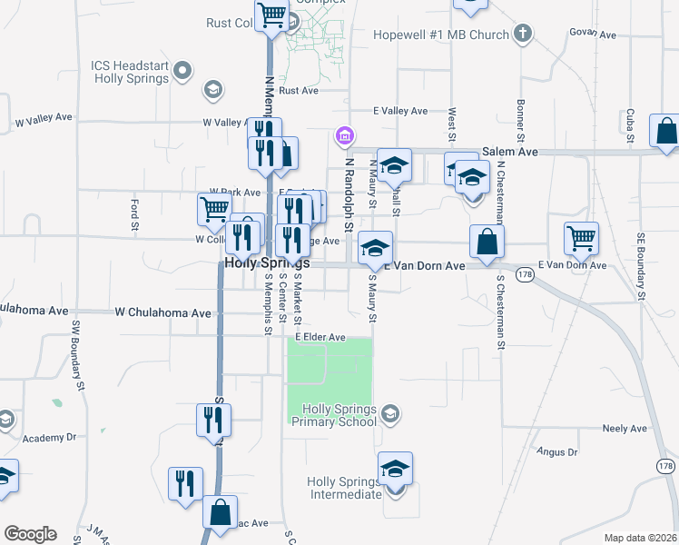 map of restaurants, bars, coffee shops, grocery stores, and more near 132-172 South Randolph Street in Holly Springs