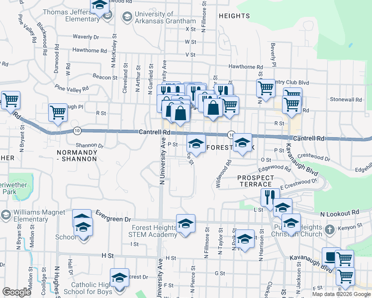 map of restaurants, bars, coffee shops, grocery stores, and more near 1612 North Pierce Street in Little Rock