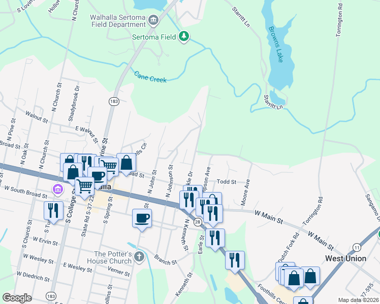 map of restaurants, bars, coffee shops, grocery stores, and more near 112 Franks Drive in Walhalla