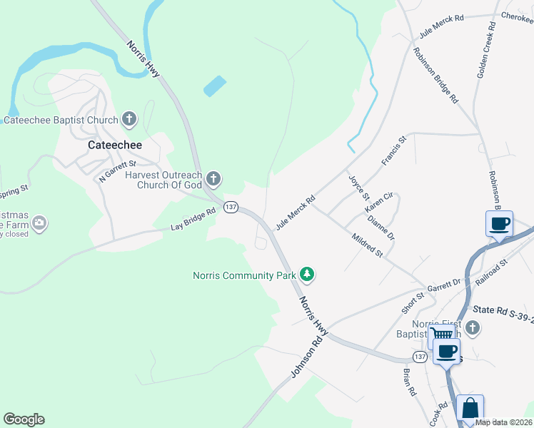 map of restaurants, bars, coffee shops, grocery stores, and more near 103 Jule Merck Road in Norris