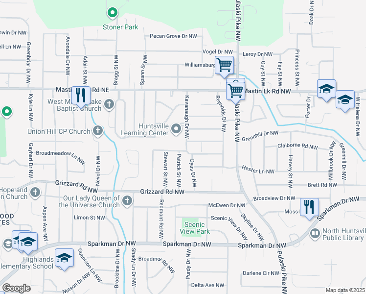 map of restaurants, bars, coffee shops, grocery stores, and more near 3137 Leftwich Street Northwest in Huntsville