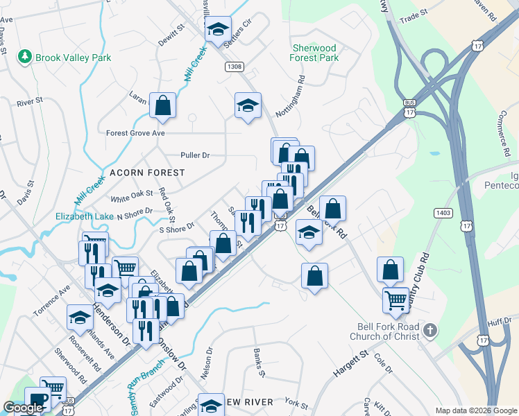 map of restaurants, bars, coffee shops, grocery stores, and more near 109 Moosehart Avenue in Jacksonville