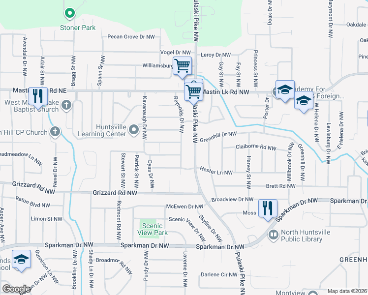 map of restaurants, bars, coffee shops, grocery stores, and more near 3304 Reynolds Drive Northwest in Huntsville