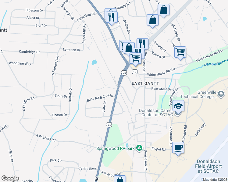 map of restaurants, bars, coffee shops, grocery stores, and more near 6416 Augusta Road in Greenville