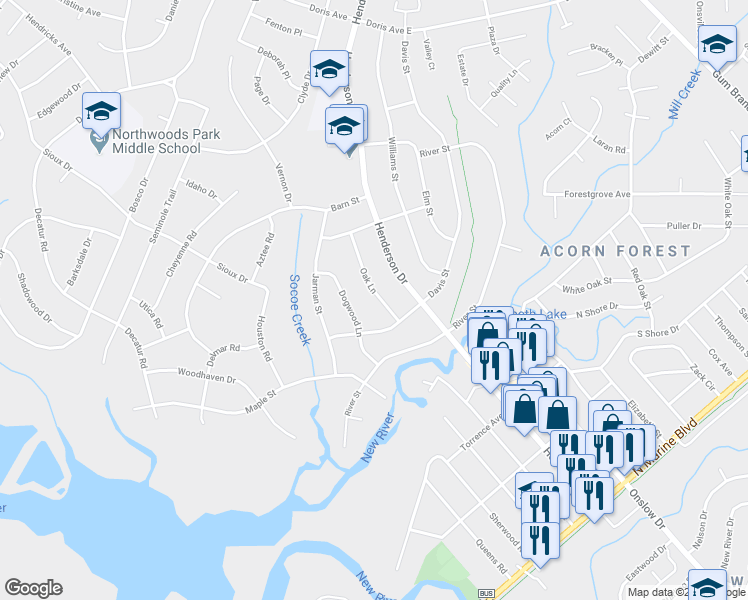 map of restaurants, bars, coffee shops, grocery stores, and more near 509 Oak Lane in Jacksonville