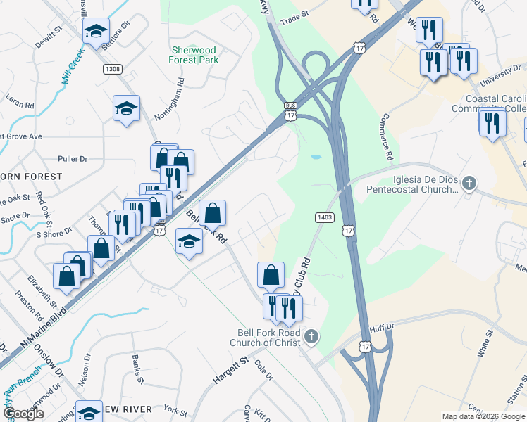 map of restaurants, bars, coffee shops, grocery stores, and more near 203 4th Ave in Jacksonville