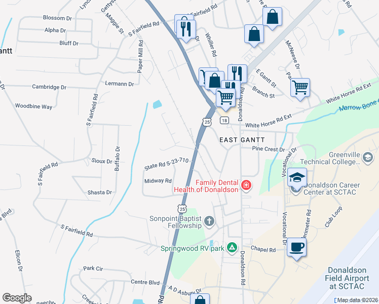 map of restaurants, bars, coffee shops, grocery stores, and more near 6416 Augusta Road in Greenville