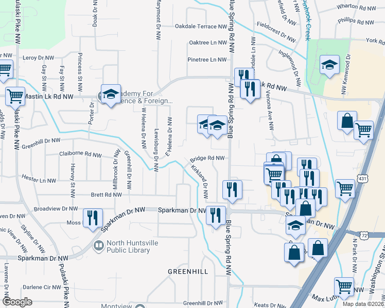 map of restaurants, bars, coffee shops, grocery stores, and more near 2622 Bridge Road Northwest in Huntsville