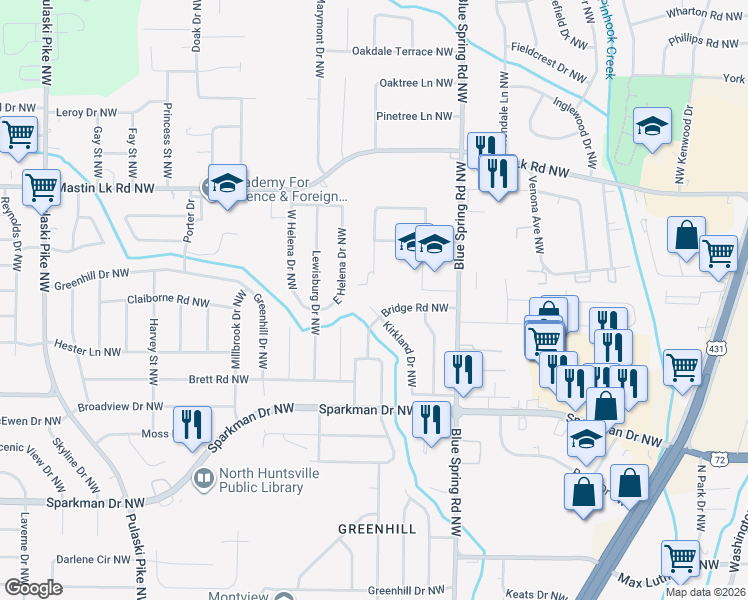 map of restaurants, bars, coffee shops, grocery stores, and more near 2622 Bridge Road Northwest in Huntsville