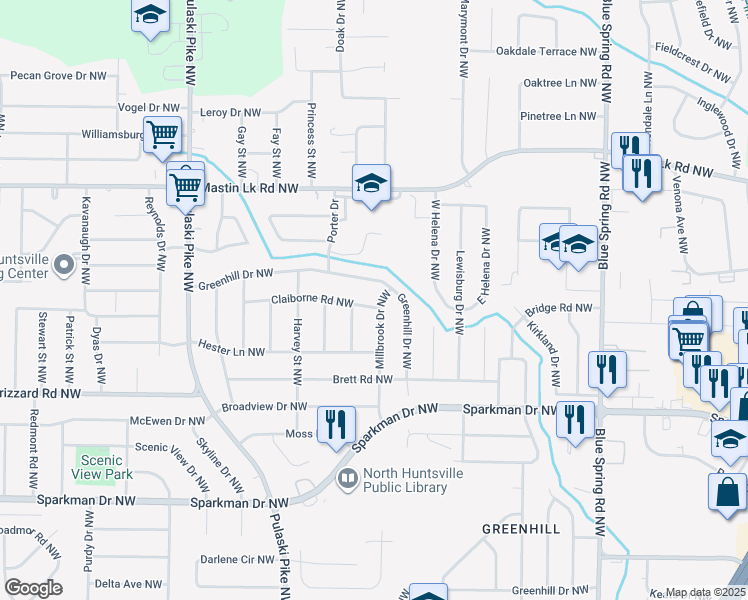 map of restaurants, bars, coffee shops, grocery stores, and more near 3210 Millbrook Drive Northwest in Huntsville