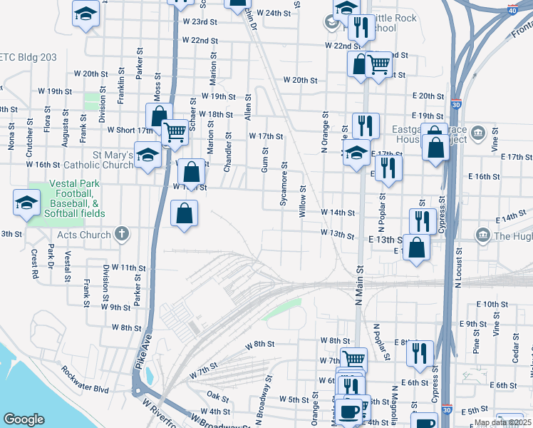 map of restaurants, bars, coffee shops, grocery stores, and more near 1305 Sycamore Street in North Little Rock